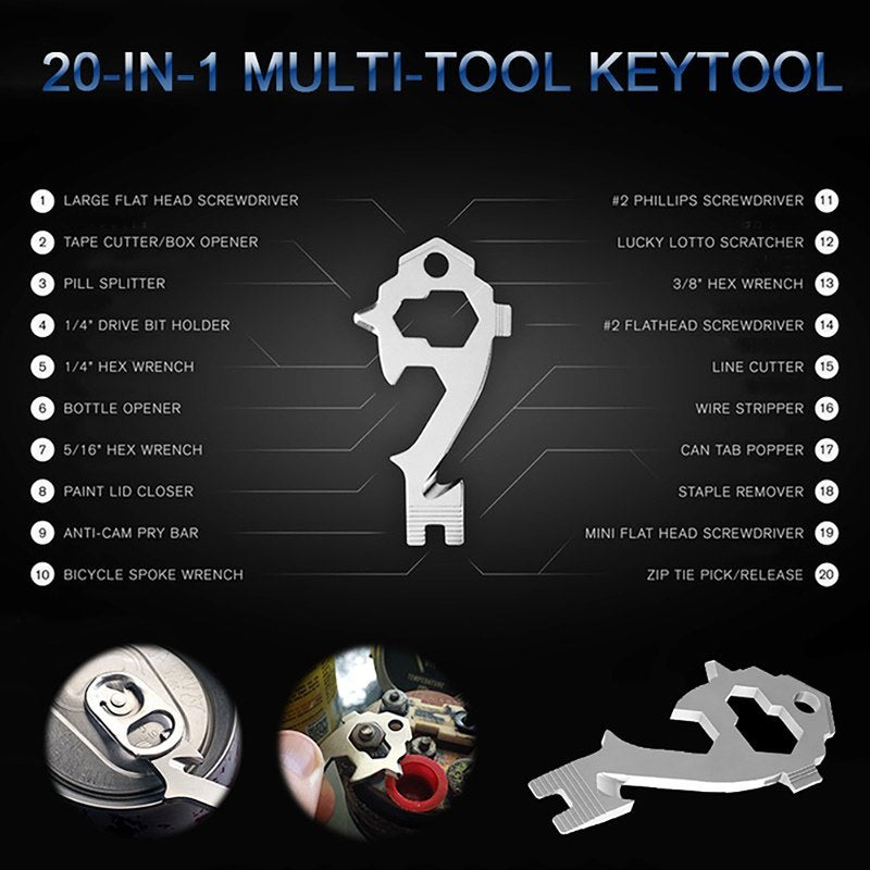20-in-1 Stainless Steel Multi Tools Key Ring - Screwdriver, Wrench, Opener,